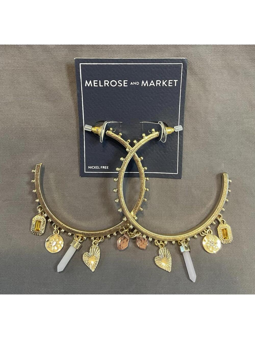 NWT Melrose And Market Large Semi Hoop Gold Tone NF Earrings W/ Charms #1396